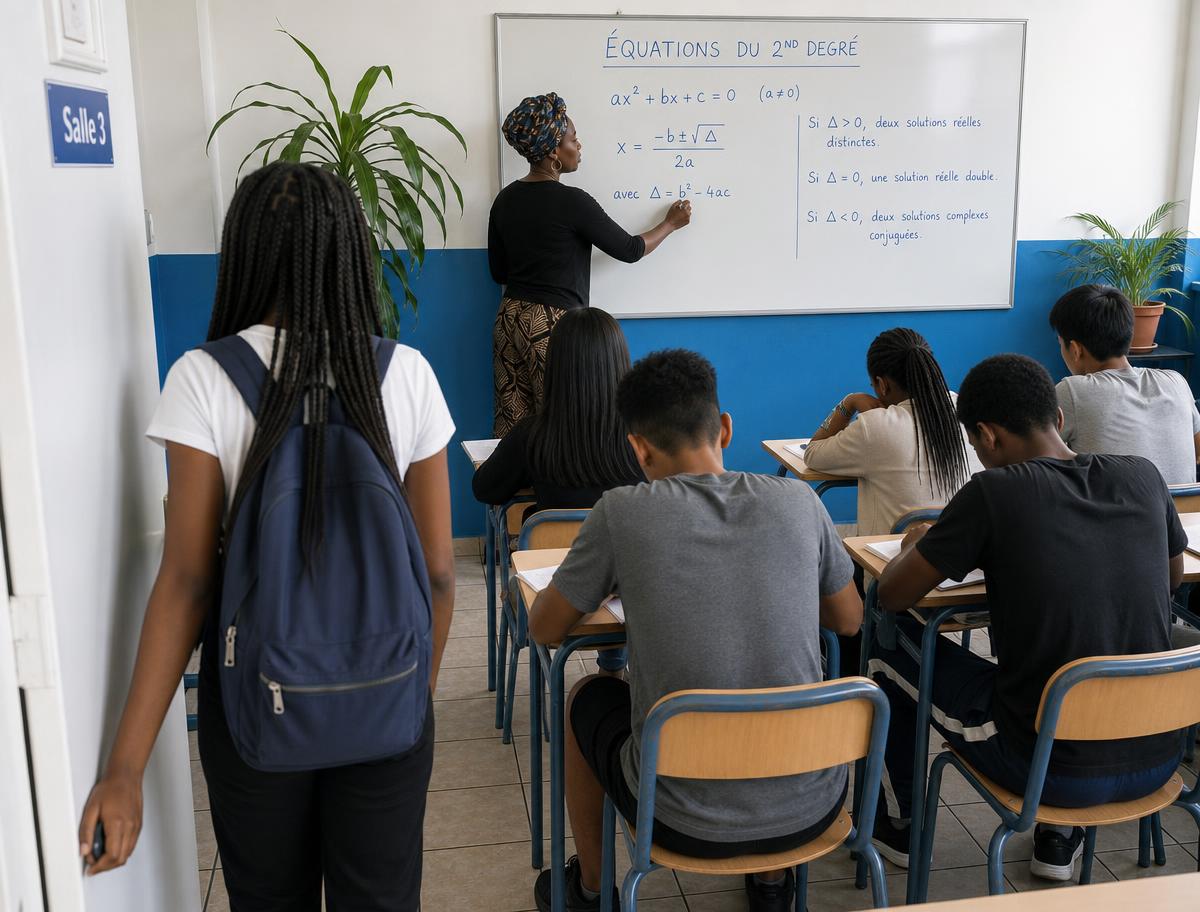 Un élève suit un cours de maths en ligne sur son ordinateur portable